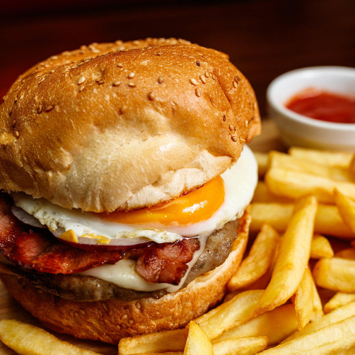 MillCrêpes burger with bacon, egg and fries at MillCrêpes Cafe in Salt Lake City