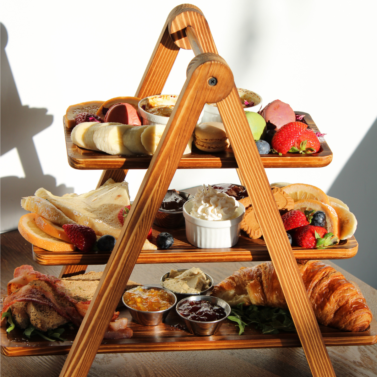 Tower for Two with crêpes, fruit, pastries and breakfast accompaniments