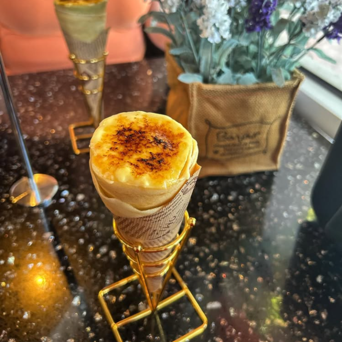Crème brûlée crêpe with a caramelized custard top